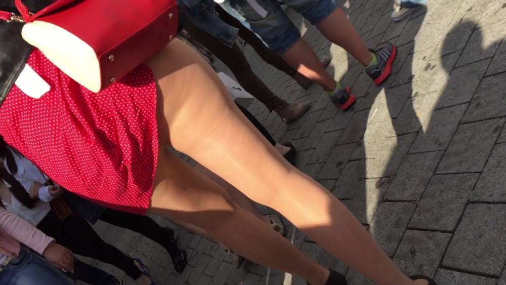 Lady - Lady in red dress and nude pantyhose upskirt oopsy - xh.video