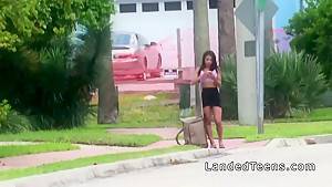 Busty Latina teen bangs in the car in public - hdzog.com