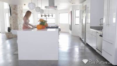 Hot mature blonde is fucking her lover in a brand new kitchen, while her husband is working - sunporno.com