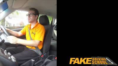 Brunette Blowjob - Faux driving school - black haired european beauty with glasses screwed in a car - sexu.com