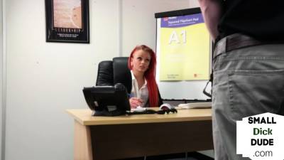 Redhead femdom humiliates tiny dick guy at interview - drtvid.com - Britain