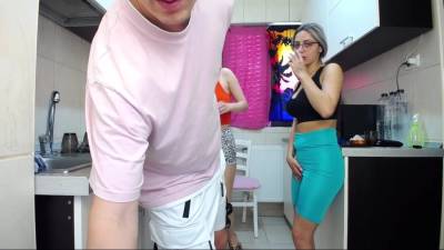 Sneaky teasing threesome in the kitchen - hclips.com