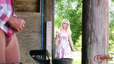 Chloe - Petite blonde chick with glasses, Chloe likes to watch her neighbor rubbing his rock hard dick - sunporno.com