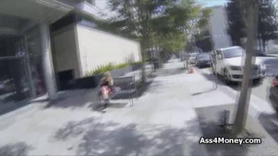 Barista blows in public parking lot at day - sexu.com