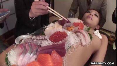 Asian chick is being a food plate for some guys - sunporno.com
