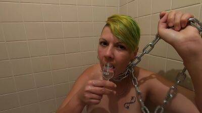 Chained Slave Girlfriend Pissed On Drinking Piss And Then Her Own From Shot Glass - hclips.com