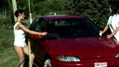 Two Hot Brunette Naked Carwash - drtuber.com