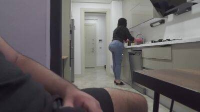 Risky Jerking Off While Watching Big Ass Hijab Stepmom In The Kitchen - upornia.com - Usa