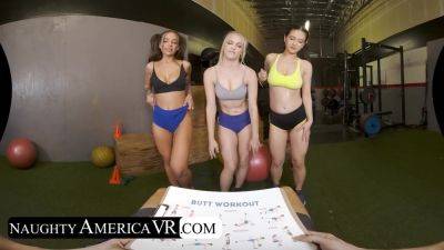 April Olsen - Jasmine Wilde - Jazlyn Ray - Gym girls Jazlyn Ray, April Olsen, and Jasmine Wilde take turns squating on their personal trainer's thick cock - hotmovs.com