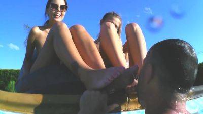 Pool teens waterboarding foot domination fun by Foot Girls - hotmovs.com