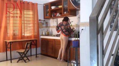 Housewife In Pantyhose In The Kitchen. Naked Maid Gets An Orgasm While Cooking. 3 - voyeurhit.com