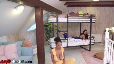 Busty Ebony pussylicked by Asian in 3way hostel room action - txxx.com
