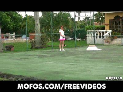 Hot redhead gets picked up and pounded on the tennis court by a perv with a huge pecker - sexu.com