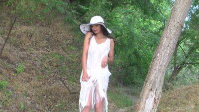 Naughty Brunette In Dress and Hat Nude by the River - txxx.com - Russia