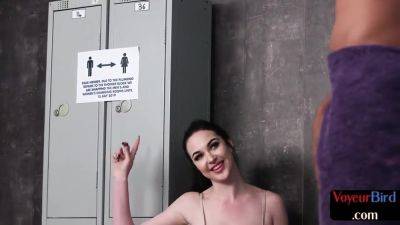 Voyeur femdom babe teases Black cock in locker room till cum - hotmovs.com - Britain