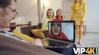 VIP4K. While man talks on a video call three ladies enjoy lesbian 3some - txxx.com - Russia