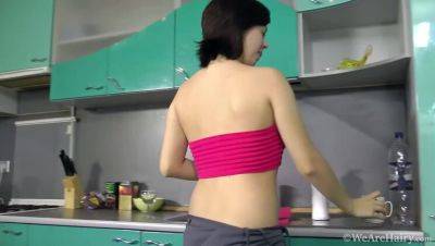 In the Kitchen, Lina Strips Down and Rubs Her Curvy Body - porntry.com