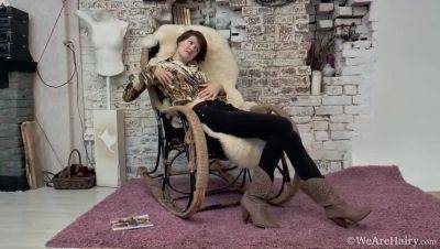 Hairy Brunette Alise's Solo Striptease on Fur Chair - veryfreeporn.com