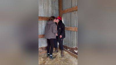 Sexy Lesbian Farmers Kiss And Touch Each Other In The Barn - videomanysex.com