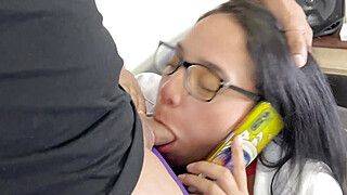 Doctor Wife Talking on the Phone with her Husband while Deepthroating her Boy - ah-me.com