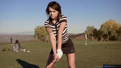 beautiful teen with huge rack Gabbie Carter is playing golf - anysex.com
