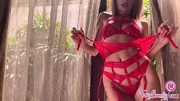 Beautiful Girl in Red Lingerie Sucking and Riding on Dildo - xvideos.com
