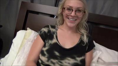 Nerdy blonde with glasses is sucking a stiff cock and getting it inside her wet pussy - txxx.com