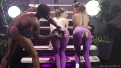 Black man fucks two white chicks in ripped purple leggings right on t the stairs - anysex.com