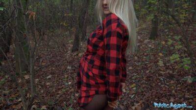 Beautiful Busty Blonde takes her clothes off in the woods before fucking - sexu.com