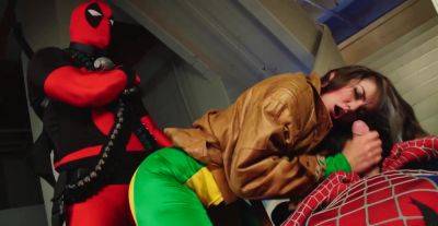 Spider man gives this chick hefty inches to play with in MMF role play - alphaporno.com