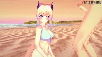 Blonde anime girl in blue bikini enjoys passionate beach sex under the sunset - yesvids.com